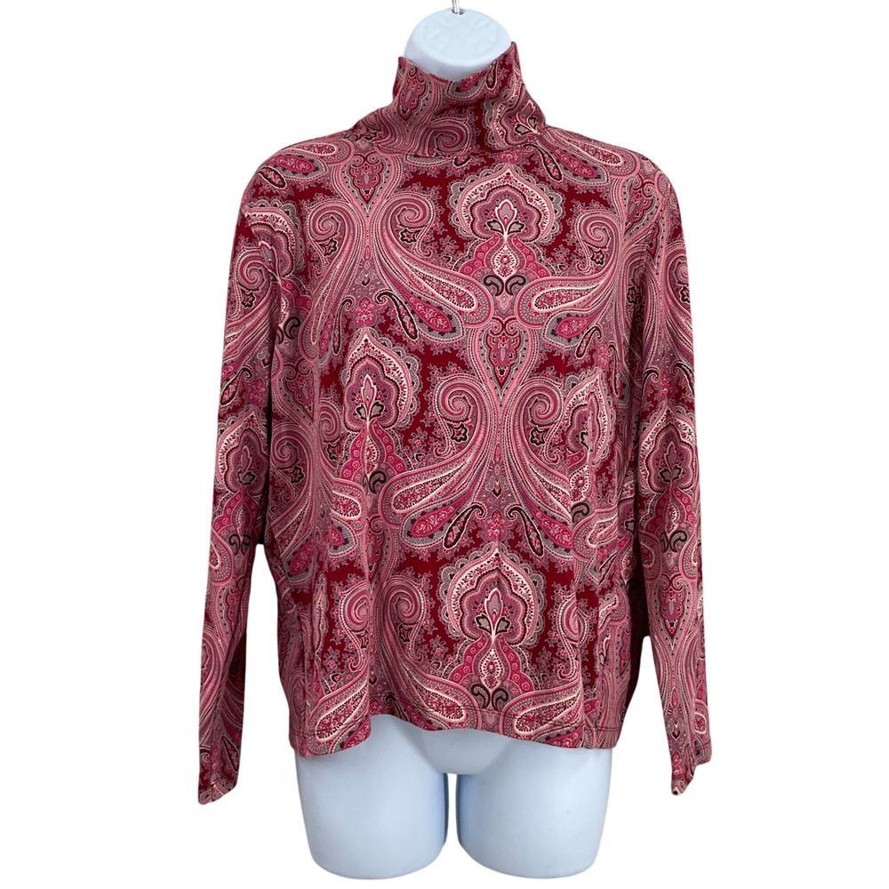 Lands' End Turtleneck Top Womens M Red 100% Cotton Paisley Mock Neck Classic